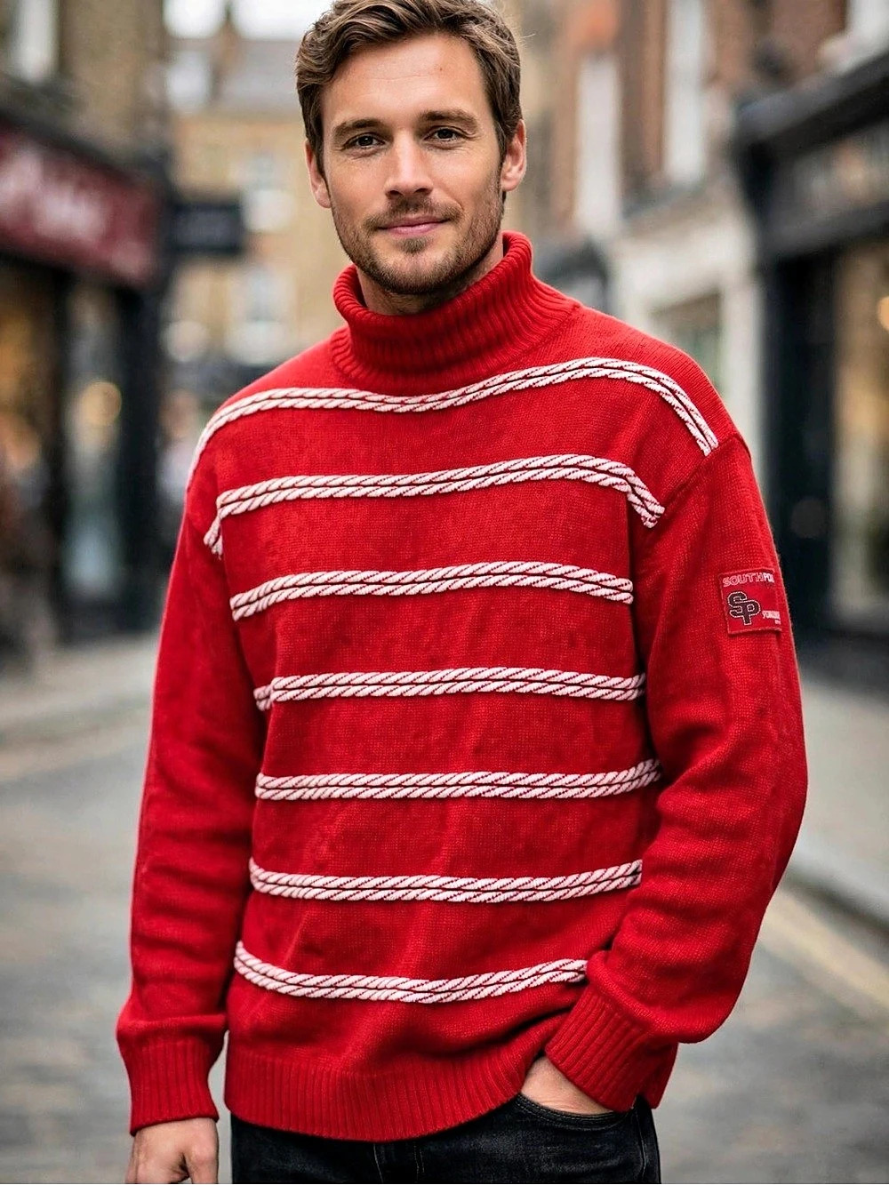 Southpole Y2K Sweater Mens M Red White Turtleneck Acrylic Rope Knit Hip Hop